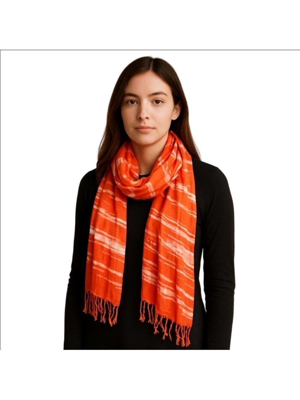 Women Orange White Scarf Fringe
